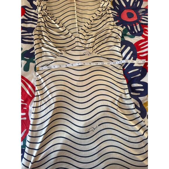 Tory Burch 100% Silk Cream Navy Stripe Signature Dress Small - Picture 8 of 13